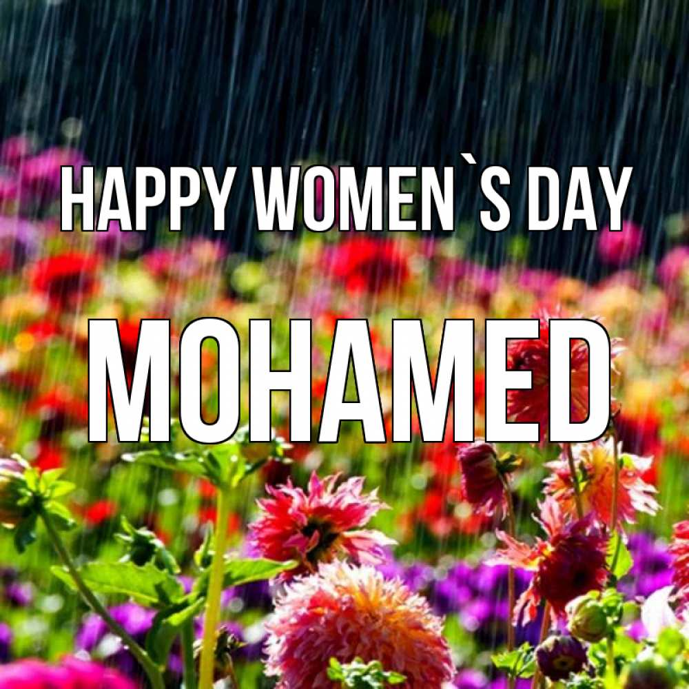 Greetings card с именем, Mohamed happy women`s day цветы под дождиком к международному женскому дню Greetings with text for free download 